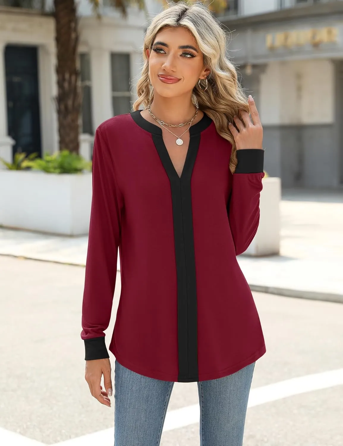 Micoson Womens Tops Dressy Casual Long Sleeve Business Shirts V Neck Pleated Work Blouses Loose Fit Fall Trendy Knit Top