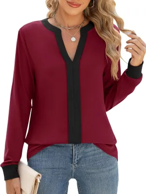 Micoson Womens Tops Dressy Casual Long Sleeve Business Shirts V Neck Pleated Work Blouses Loose Fit Fall Trendy Knit Top