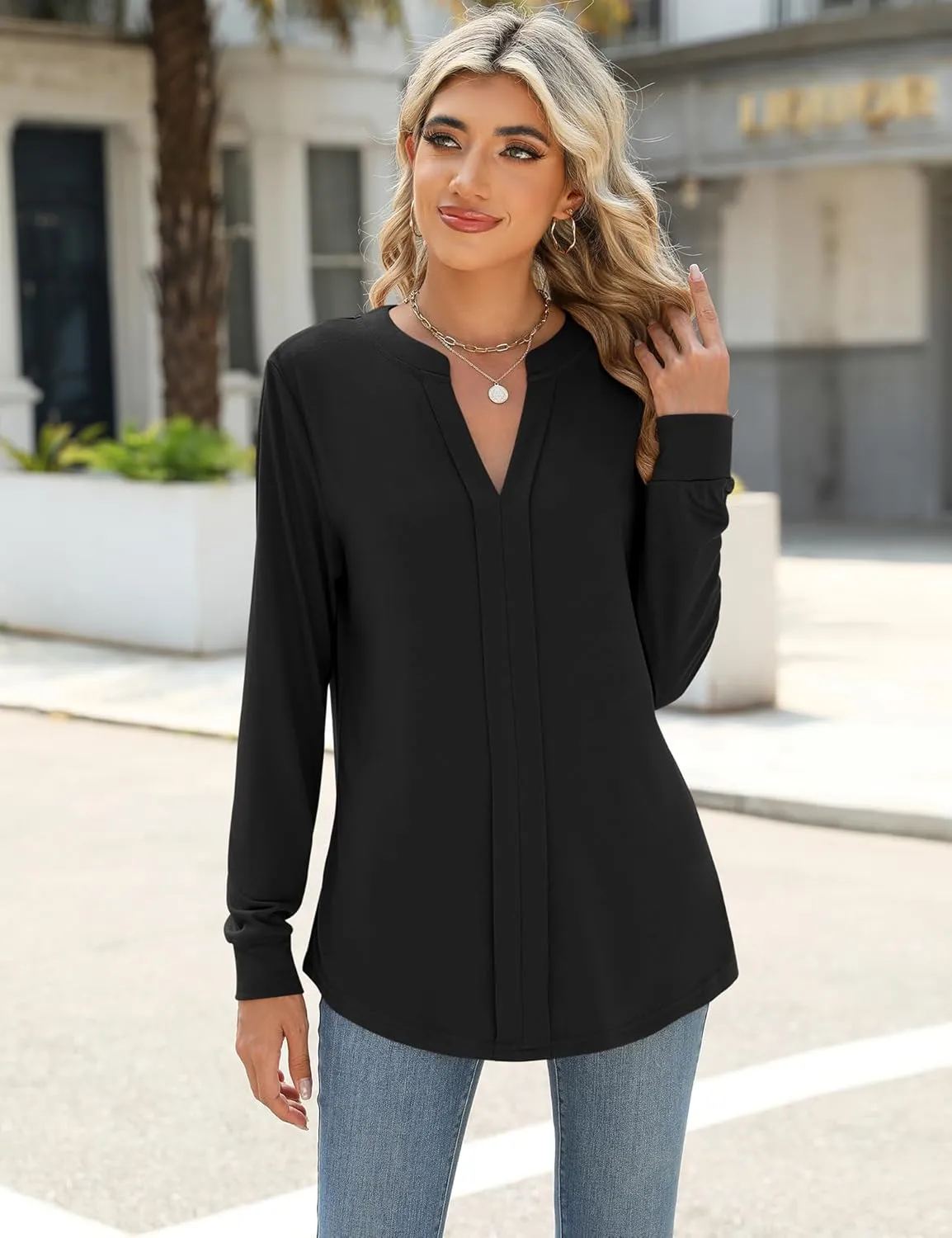 Micoson Womens Tops Dressy Casual Long Sleeve Business Shirts V Neck Pleated Work Blouses Loose Fit Fall Trendy Knit Top
