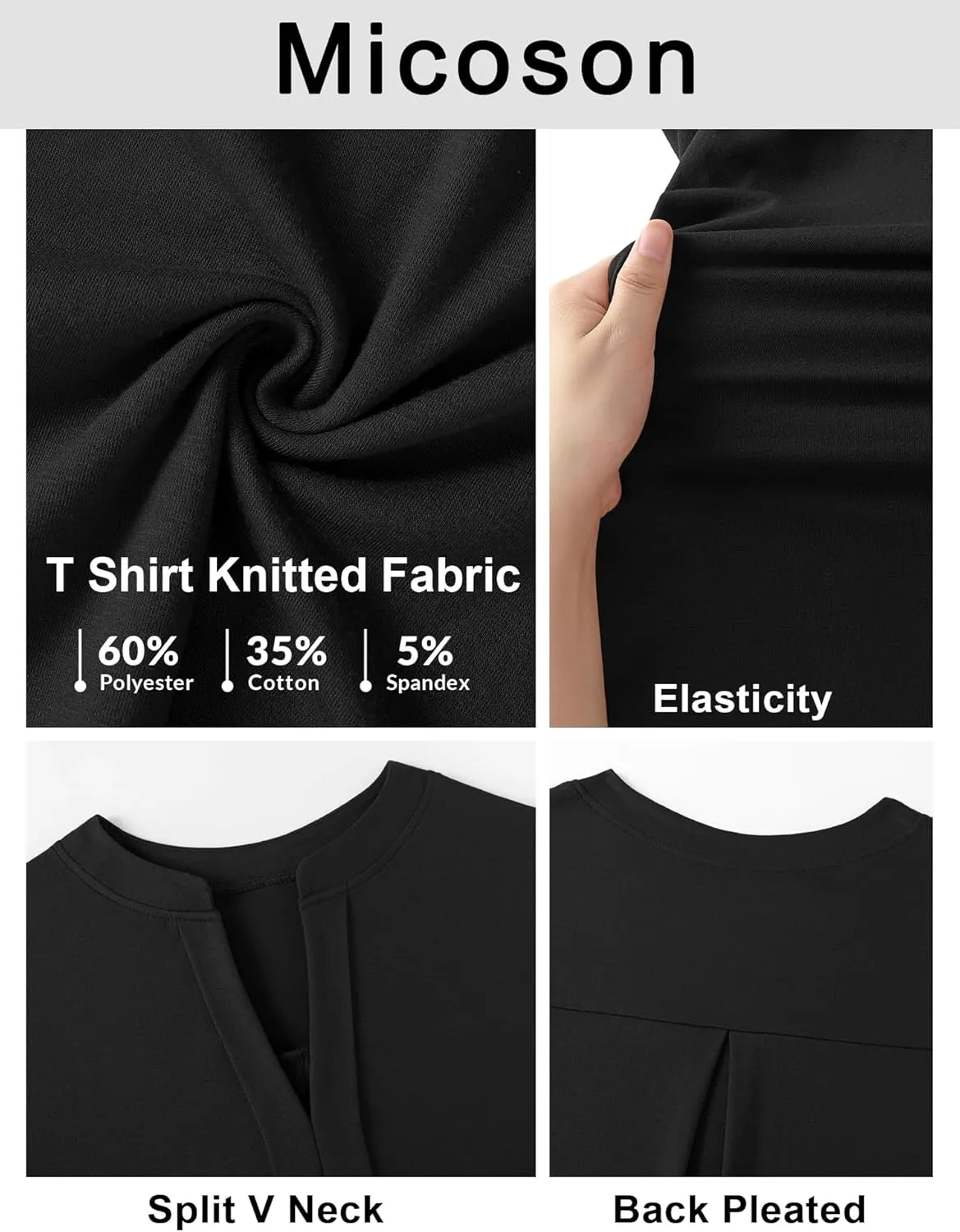 Micoson Womens Tops Dressy Casual Long Sleeve Business Shirts V Neck Pleated Work Blouses Loose Fit Fall Trendy Knit Top