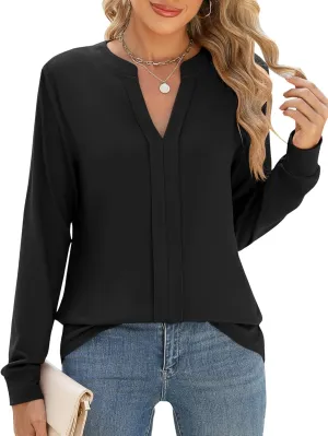 Micoson Womens Tops Dressy Casual Long Sleeve Business Shirts V Neck Pleated Work Blouses Loose Fit Fall Trendy Knit Top