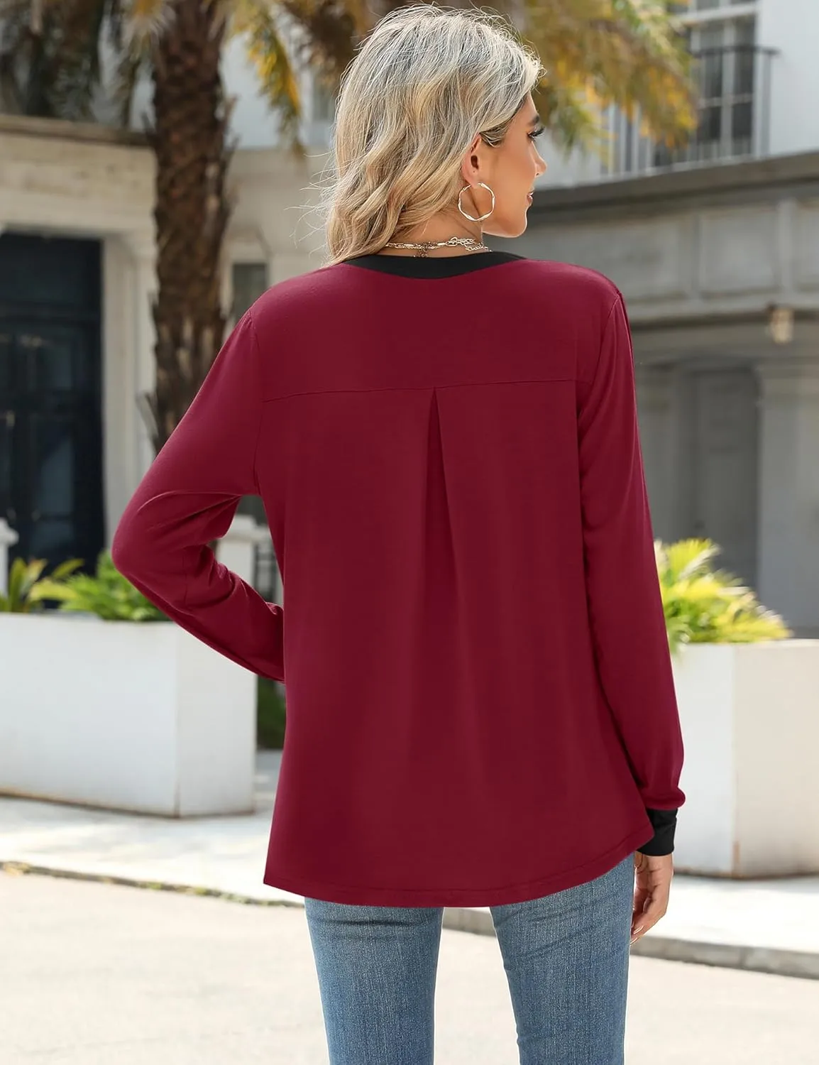 Micoson Womens Tops Dressy Casual Long Sleeve Business Shirts V Neck Pleated Work Blouses Loose Fit Fall Trendy Knit Top
