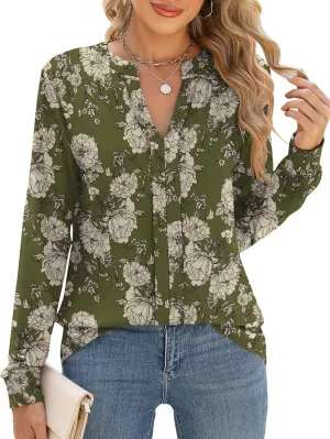 Micoson Womens Tops Dressy Casual Long Sleeve Business Shirts V Neck Pleated Work Blouses Loose Fit Fall Trendy Knit Top