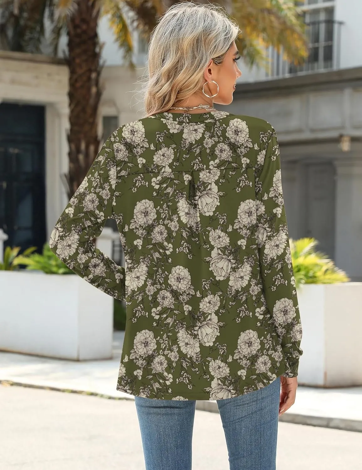 Micoson Womens Tops Dressy Casual Long Sleeve Business Shirts V Neck Pleated Work Blouses Loose Fit Fall Trendy Knit Top