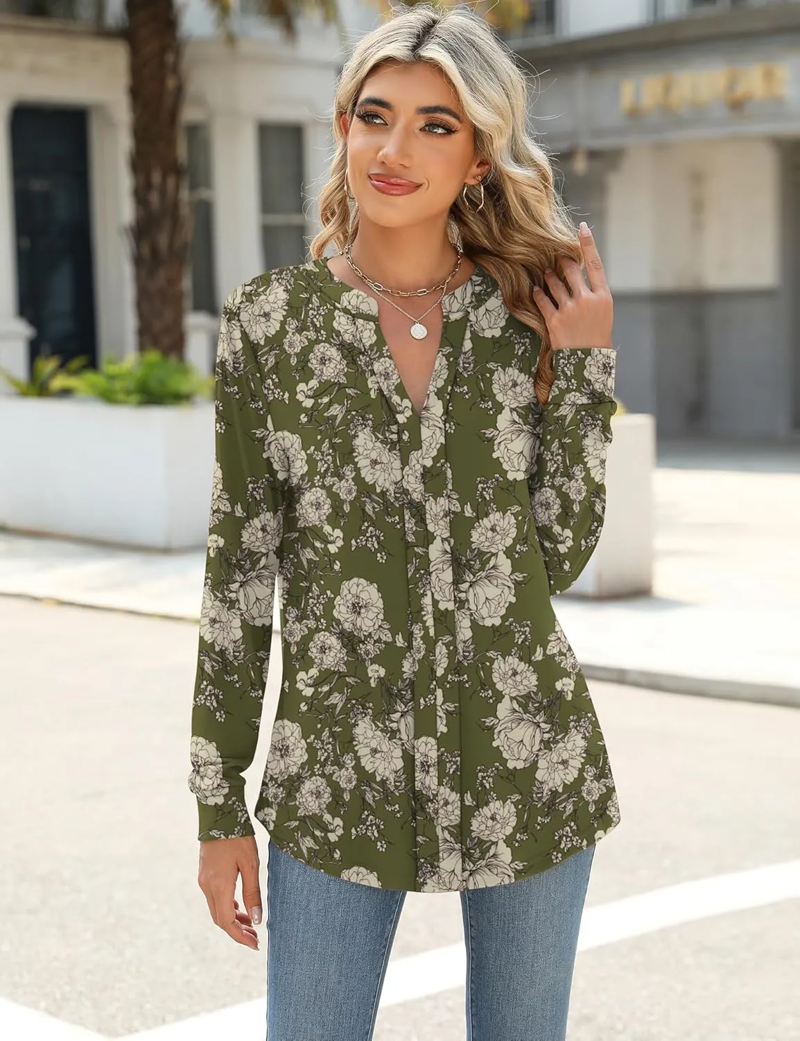 Micoson Womens Tops Dressy Casual Long Sleeve Business Shirts V Neck Pleated Work Blouses Loose Fit Fall Trendy Knit Top