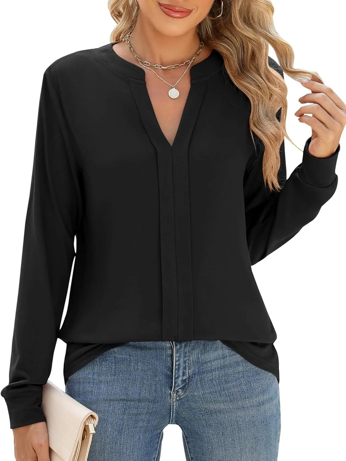 Micoson Womens Tops Dressy Casual Long Sleeve Business Shirts V Neck Pleated Work Blouses Loose Fit Fall Trendy Knit Top
