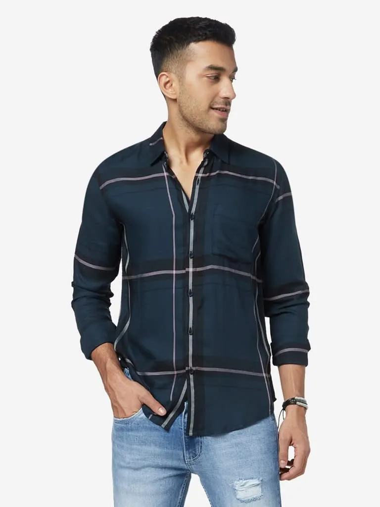 Nuon Navy Checkered Slim-Fit Shirt