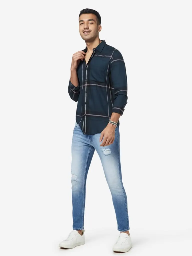 Nuon Navy Checkered Slim-Fit Shirt