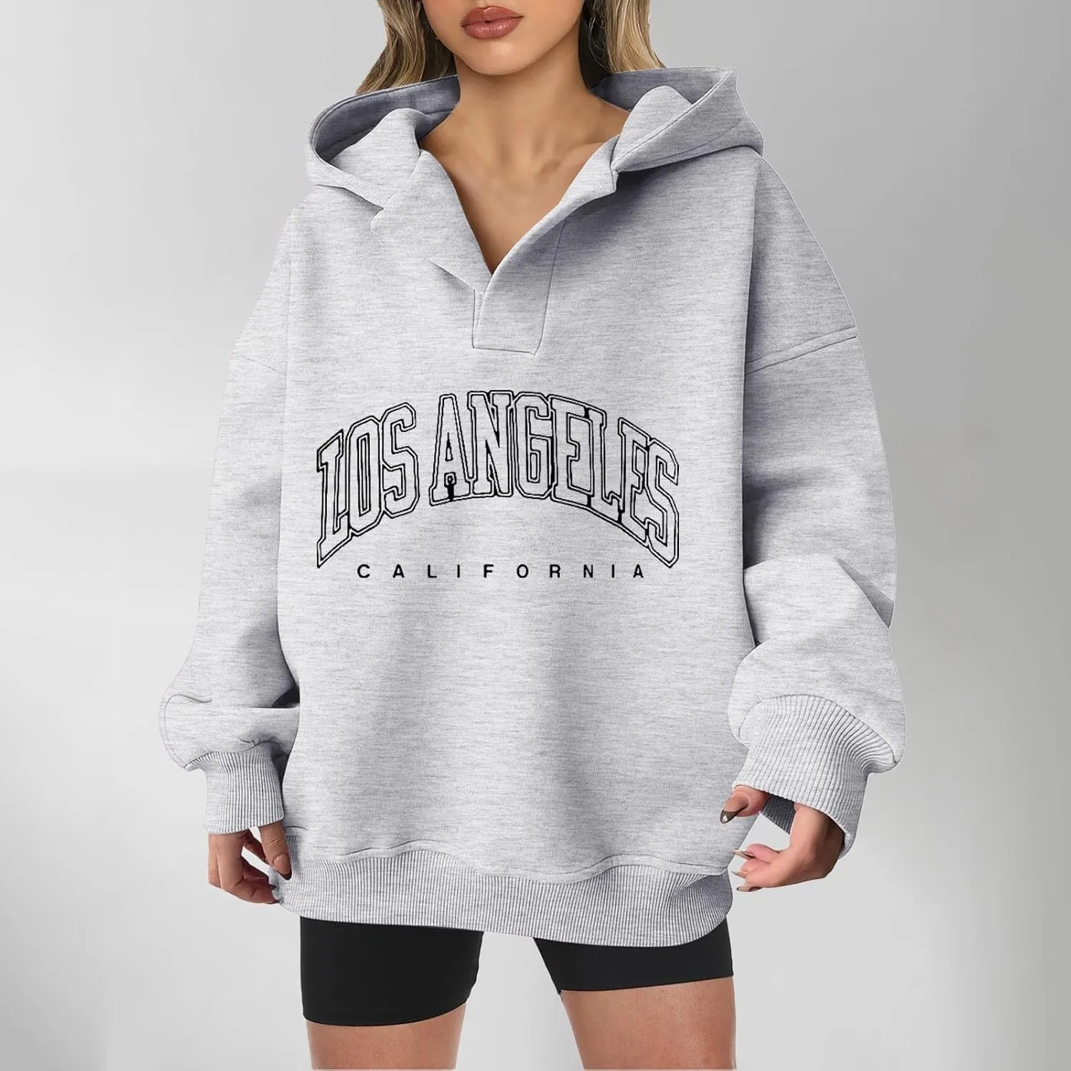 Oversized Hoodies for Women 2024 Long Sleeve V Neck Letter Printing Sweatshirts Fall Fashion Classic Pullover