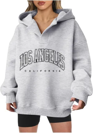 Oversized Hoodies for Women 2024 Long Sleeve V Neck Letter Printing Sweatshirts Fall Fashion Classic Pullover