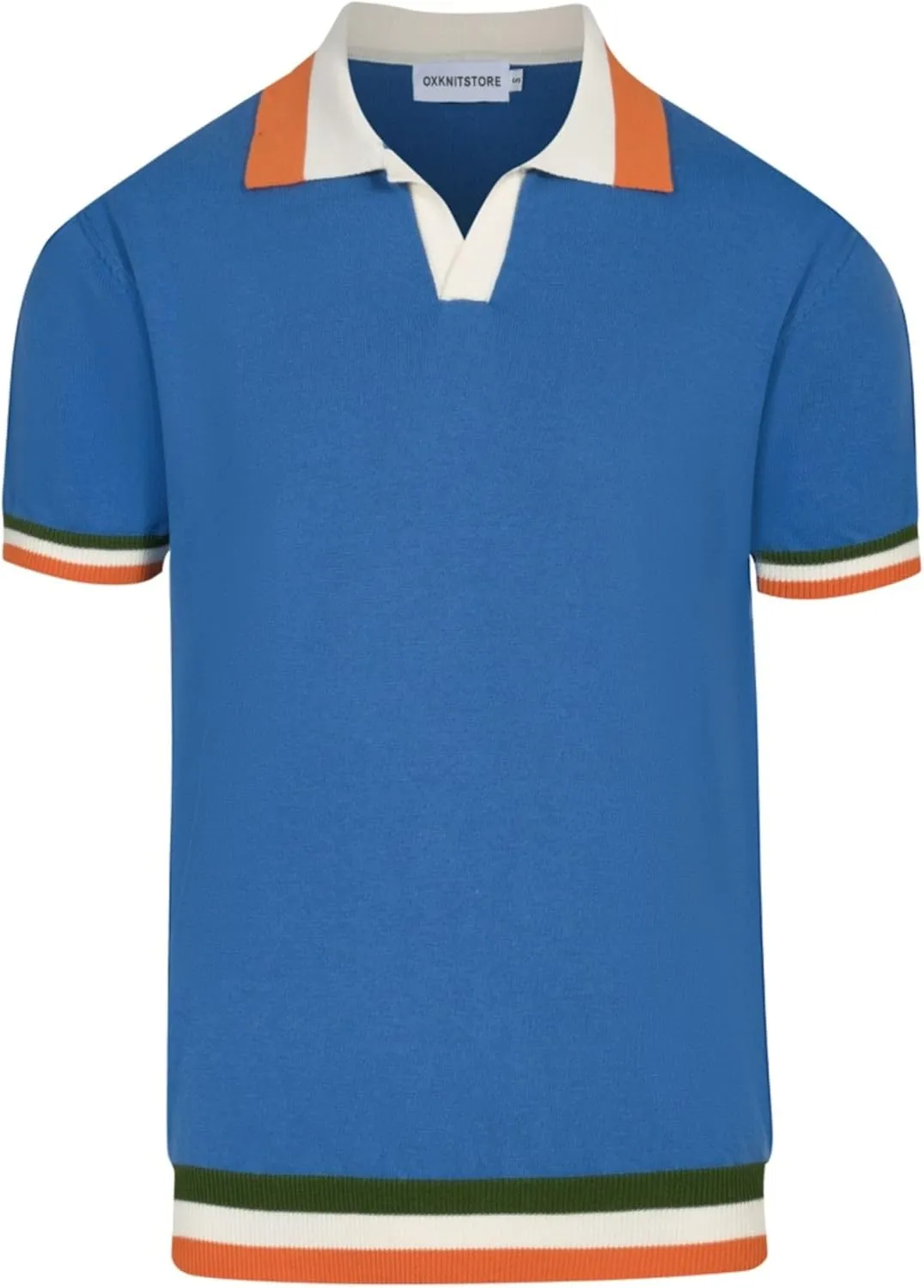 OXKNIT Men's Polo Shirts Casual Short Sleeve Knitted V Neck Blue Summer Shirt with Patchwork Collar
