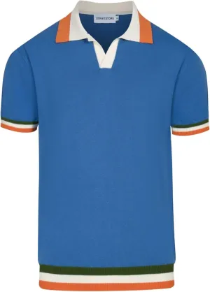 OXKNIT Men's Polo Shirts Casual Short Sleeve Knitted V Neck Blue Summer Shirt with Patchwork Collar