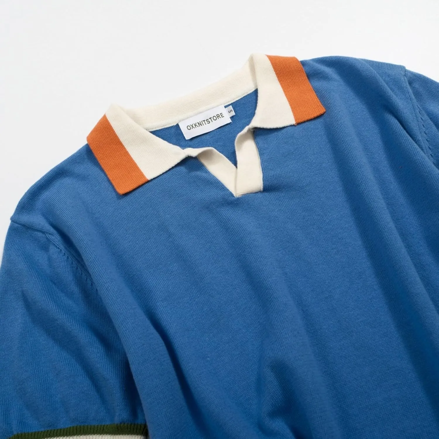 OXKNIT Men's Polo Shirts Casual Short Sleeve Knitted V Neck Blue Summer Shirt with Patchwork Collar
