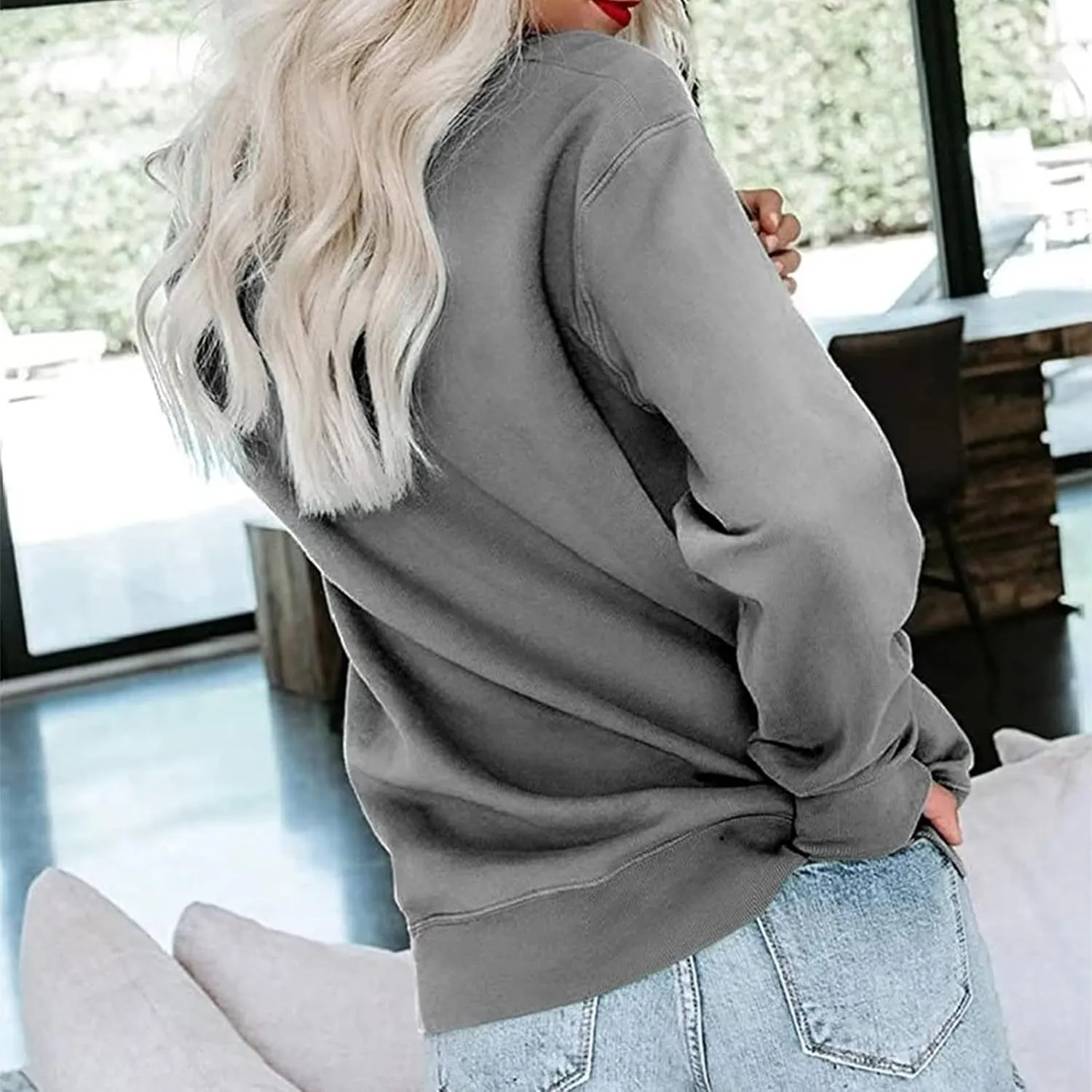 Plain Crewneck Sweatshirts Women Lightweight Fleece Oversized Sweatshirt Pullover Long Sleeve Tops Kangaroo Pocket