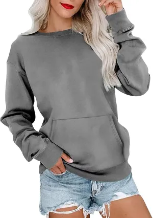 Plain Crewneck Sweatshirts Women Lightweight Fleece Oversized Sweatshirt Pullover Long Sleeve Tops Kangaroo Pocket