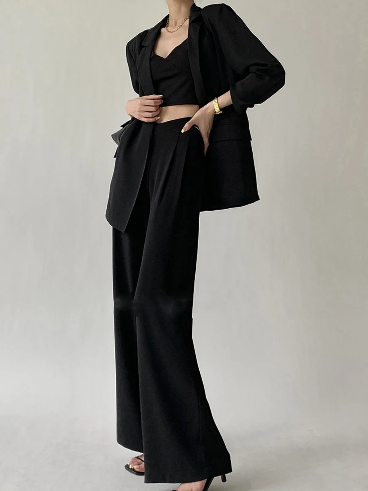 Pleated High Rise Waist Hollow Out Wide Leg Straight Pant - Black