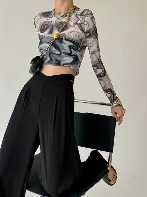 Pleated High Rise Waist Hollow Out Wide Leg Straight Pant - Black