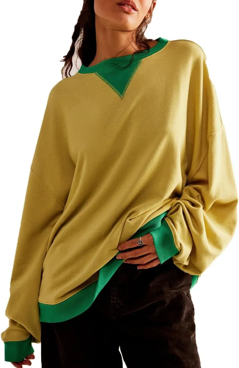 Plustrong Womens Oversized Crewneck Sweatshirt Casual Long Sleeve Color Block Pullover Hoodie Tops