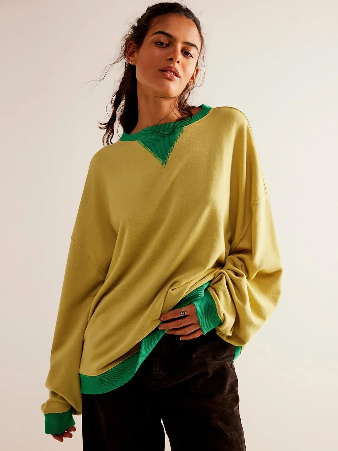 Plustrong Womens Oversized Crewneck Sweatshirt Casual Long Sleeve Color Block Pullover Hoodie Tops