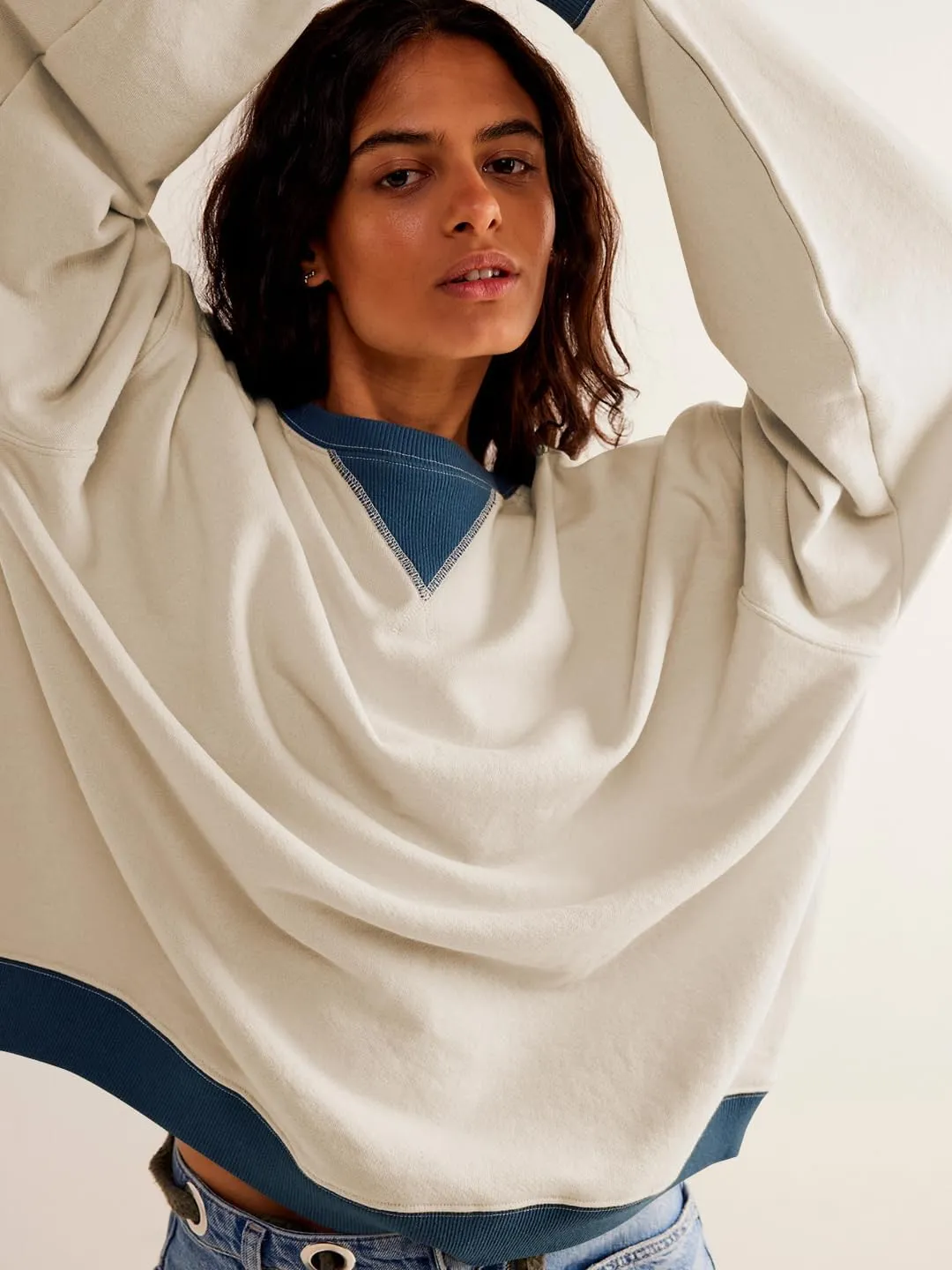 Plustrong Womens Oversized Crewneck Sweatshirt Casual Long Sleeve Color Block Pullover Hoodie Tops