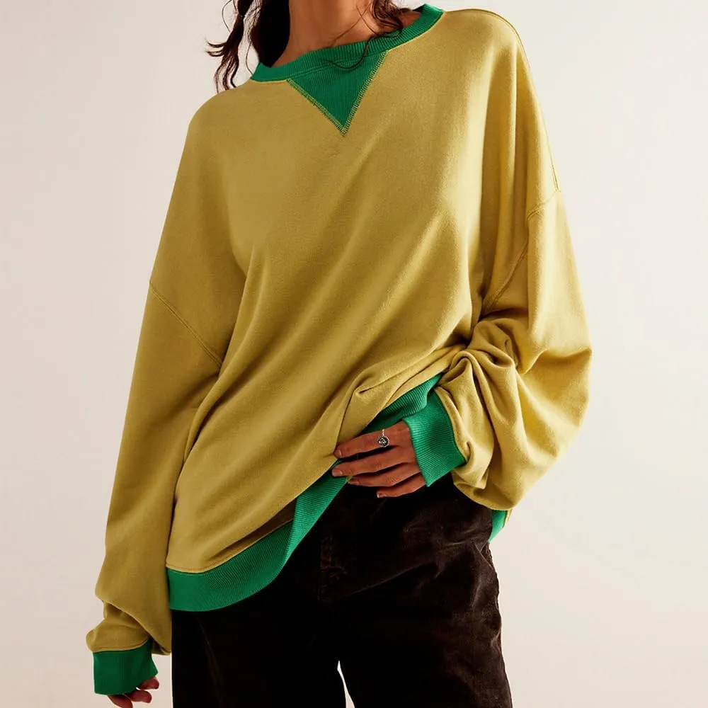 Plustrong Womens Oversized Crewneck Sweatshirt Casual Long Sleeve Color Block Pullover Hoodie Tops