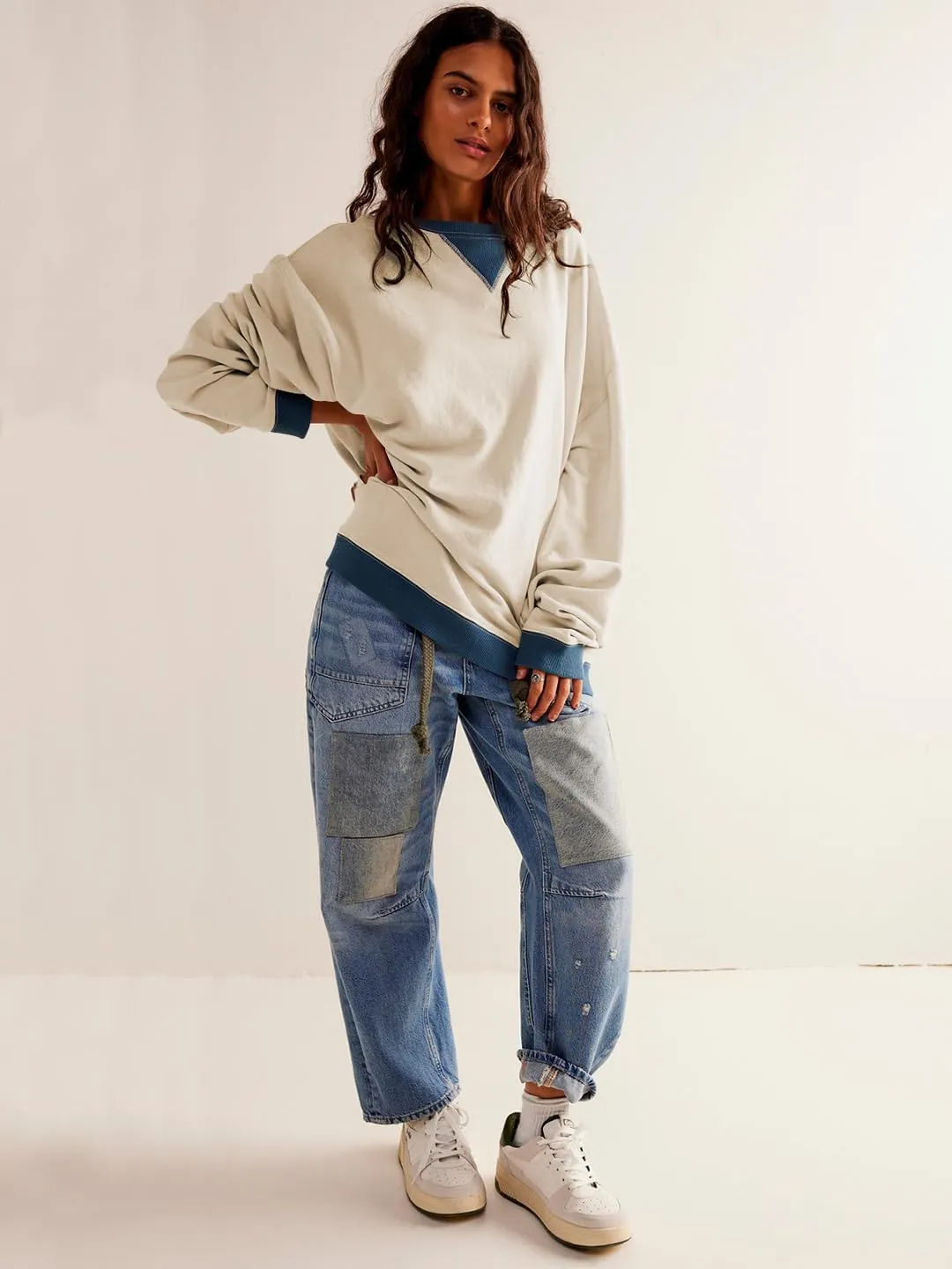 Plustrong Womens Oversized Crewneck Sweatshirt Casual Long Sleeve Color Block Pullover Hoodie Tops