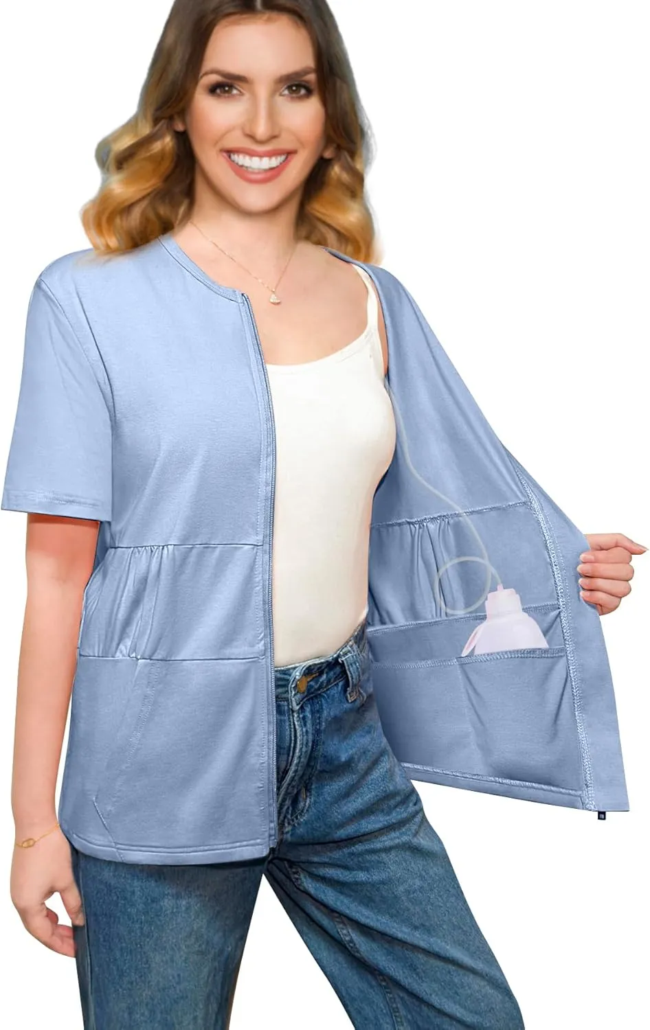 Post Mastectomy Recovery Zipper Closure Collar Shirt Camisole with Four Drain Pockets-Post Shoulder Surgery Shirts for Women