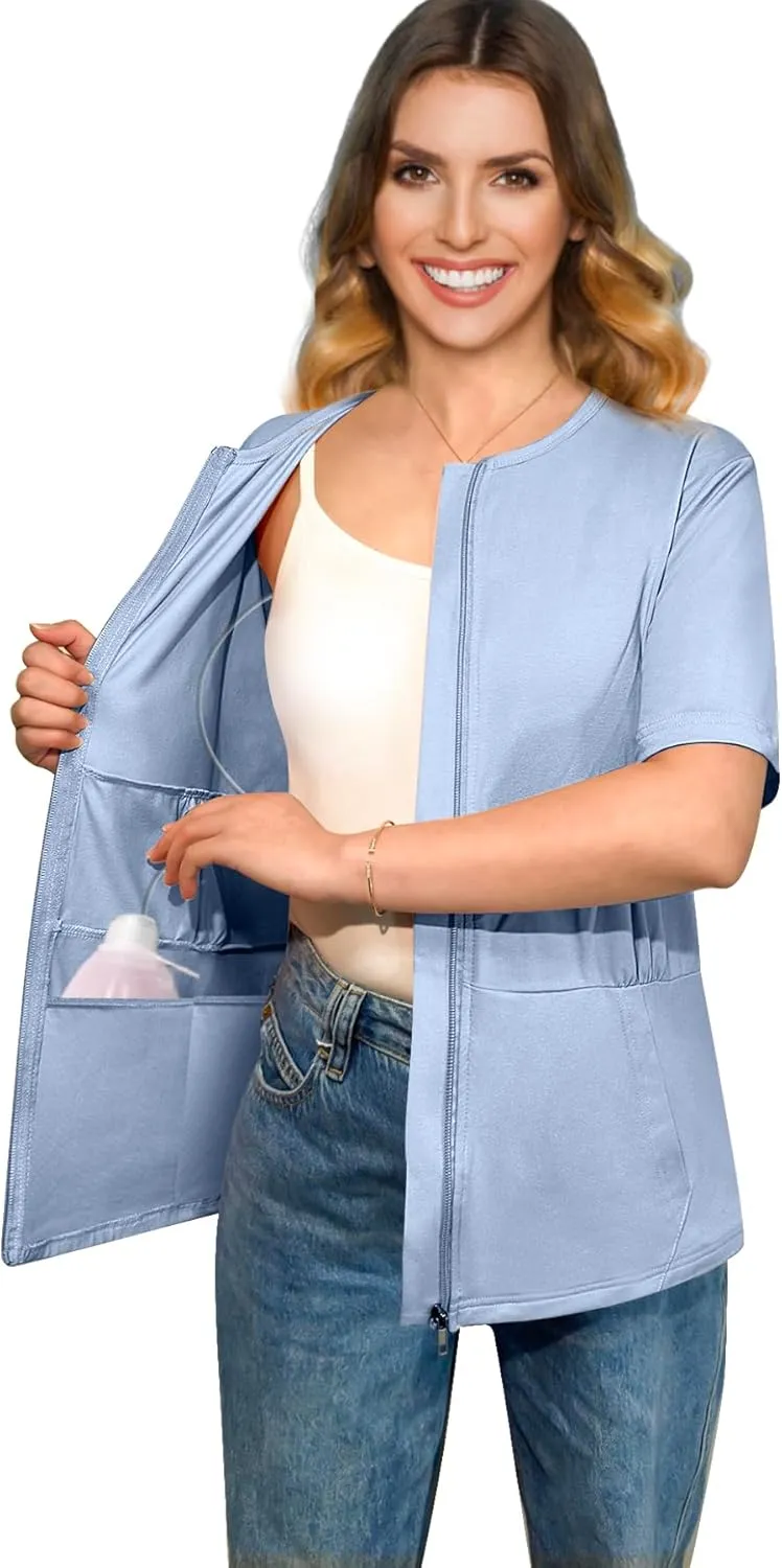 Post Mastectomy Recovery Zipper Closure Collar Shirt Camisole with Four Drain Pockets-Post Shoulder Surgery Shirts for Women