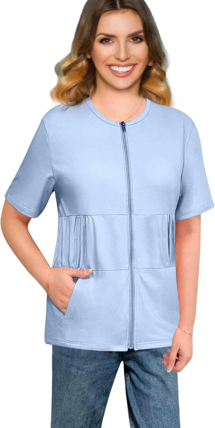Post Mastectomy Recovery Zipper Closure Collar Shirt Camisole with Four Drain Pockets-Post Shoulder Surgery Shirts for Women