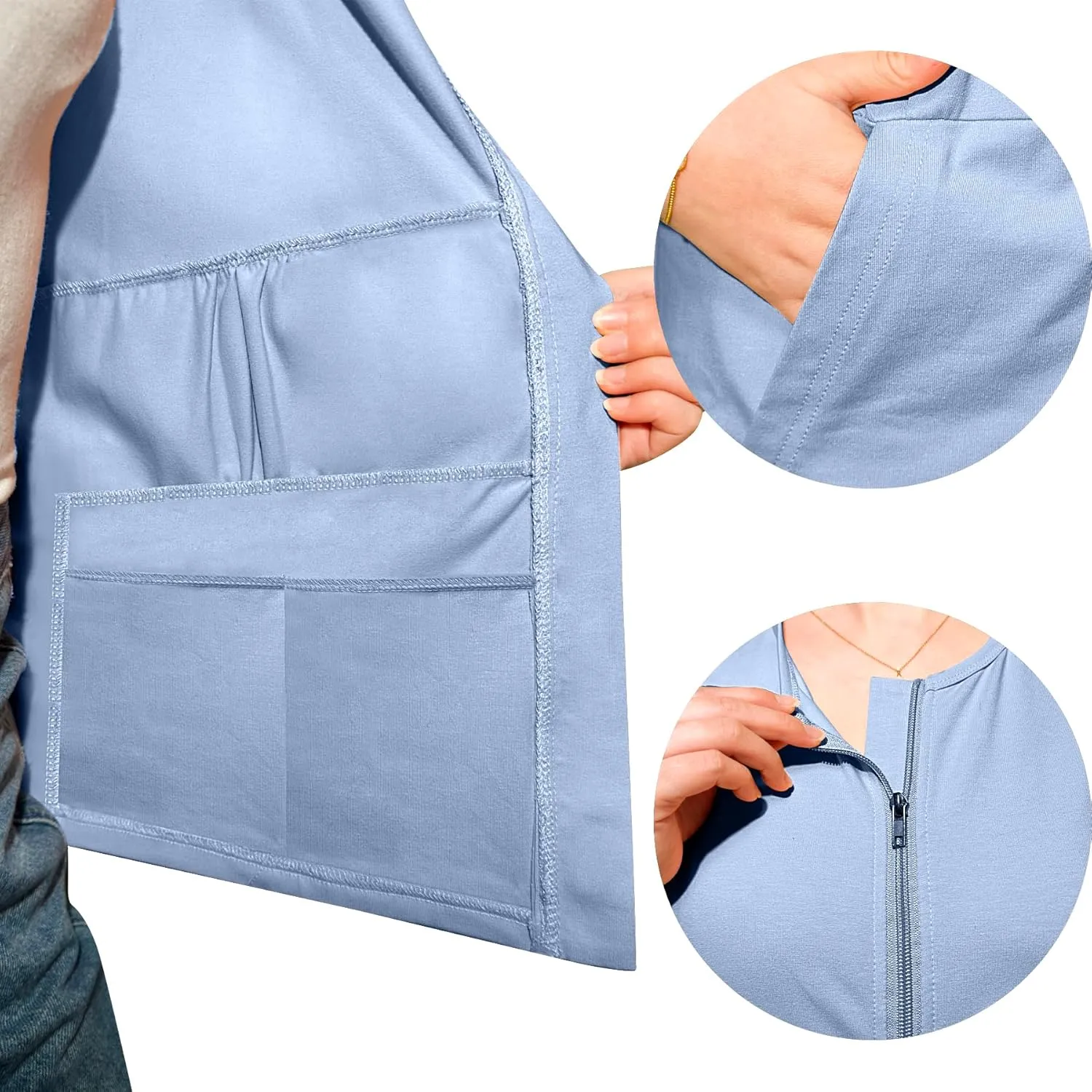 Post Mastectomy Recovery Zipper Closure Collar Shirt Camisole with Four Drain Pockets-Post Shoulder Surgery Shirts for Women