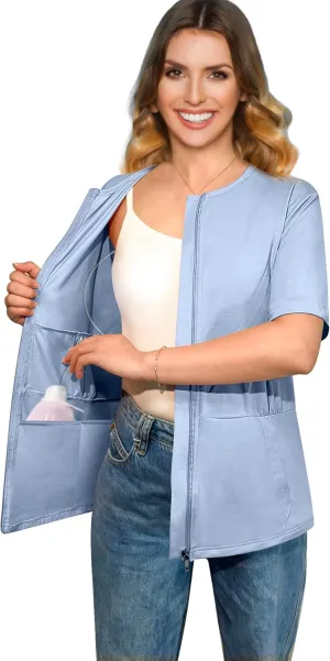 Post Mastectomy Recovery Zipper Closure Collar Shirt Camisole with Four Drain Pockets-Post Shoulder Surgery Shirts for Women