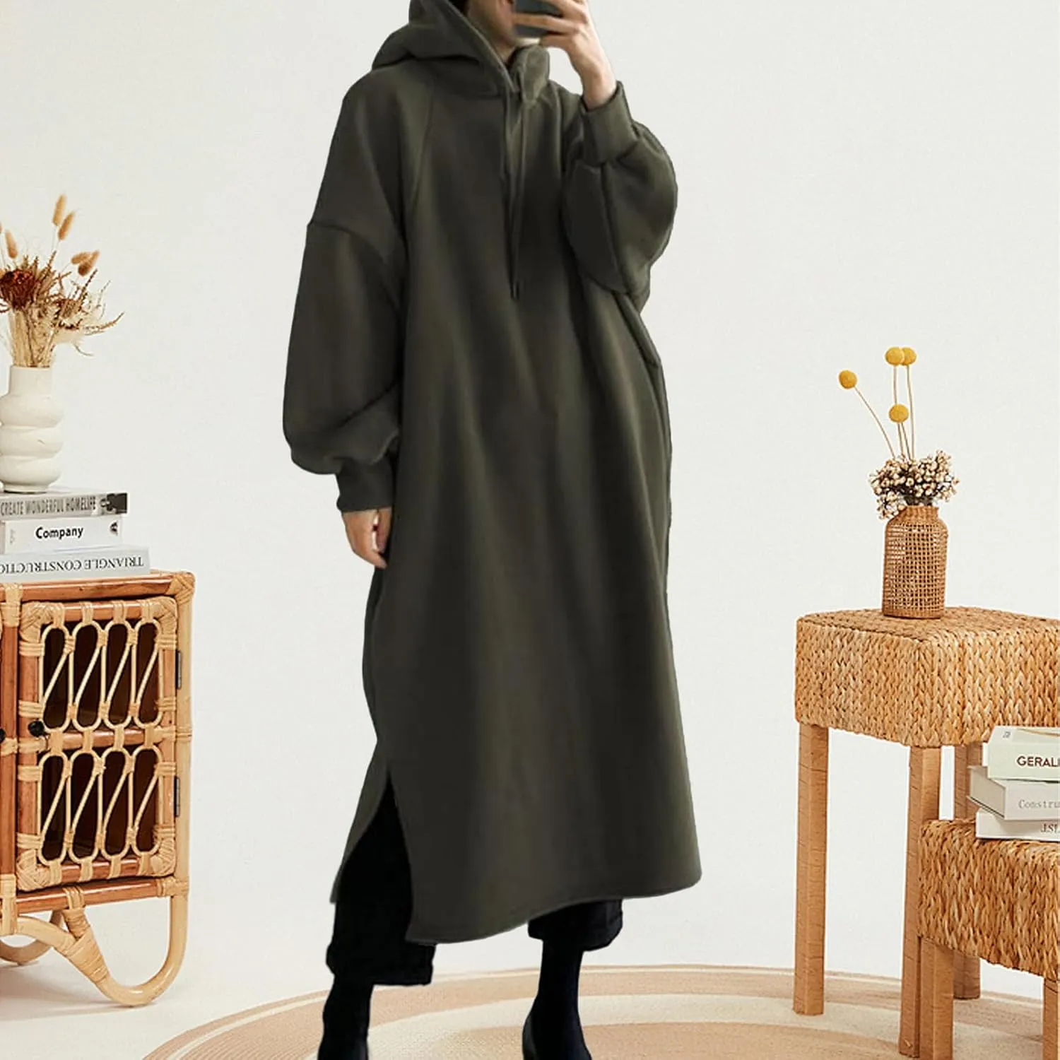 Pullover Hoodie for Women Baggy Loose Long Sleeve Hooded Sweatshirt Maxi Dress Casual Fall Sweatshirt Dress