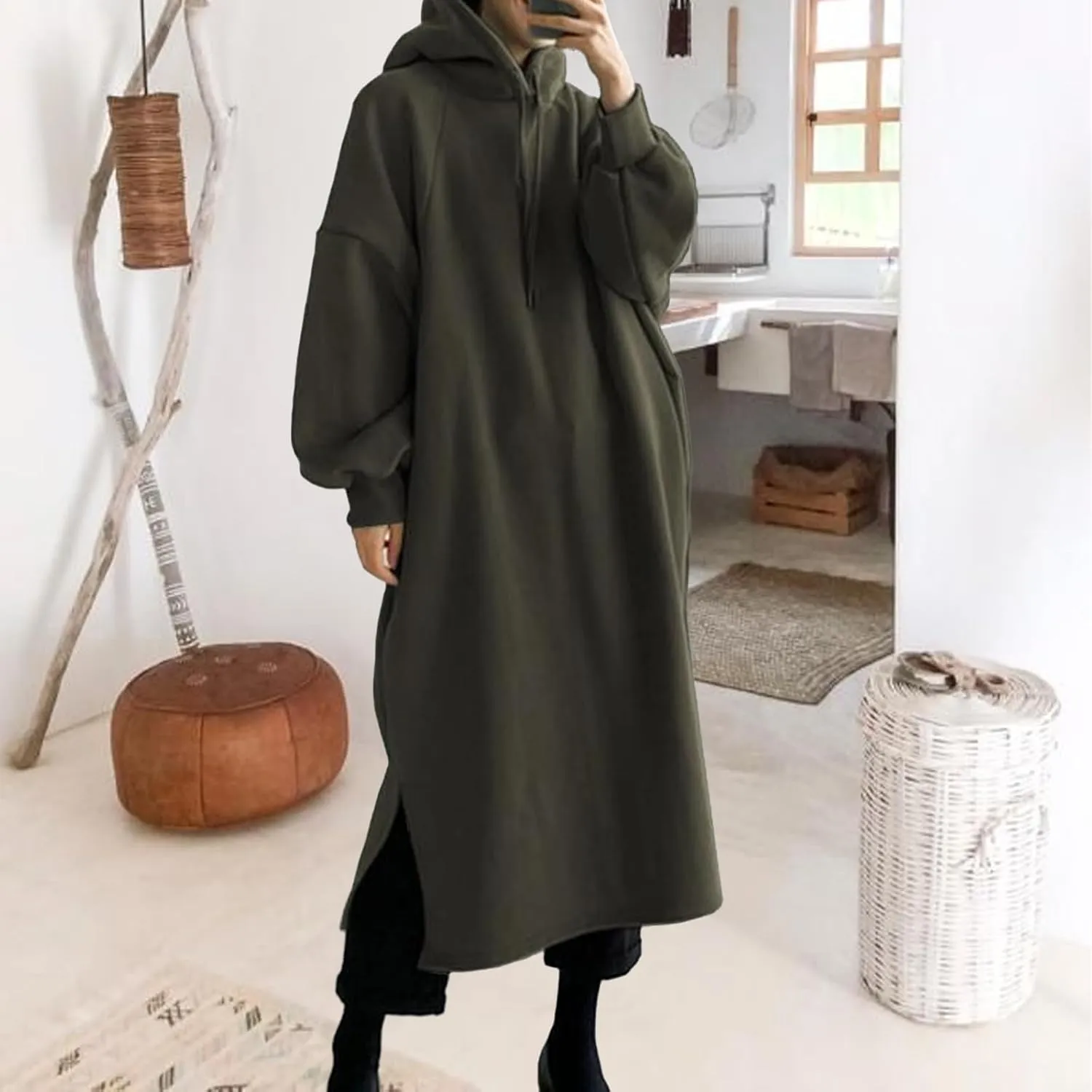 Pullover Hoodie for Women Baggy Loose Long Sleeve Hooded Sweatshirt Maxi Dress Casual Fall Sweatshirt Dress
