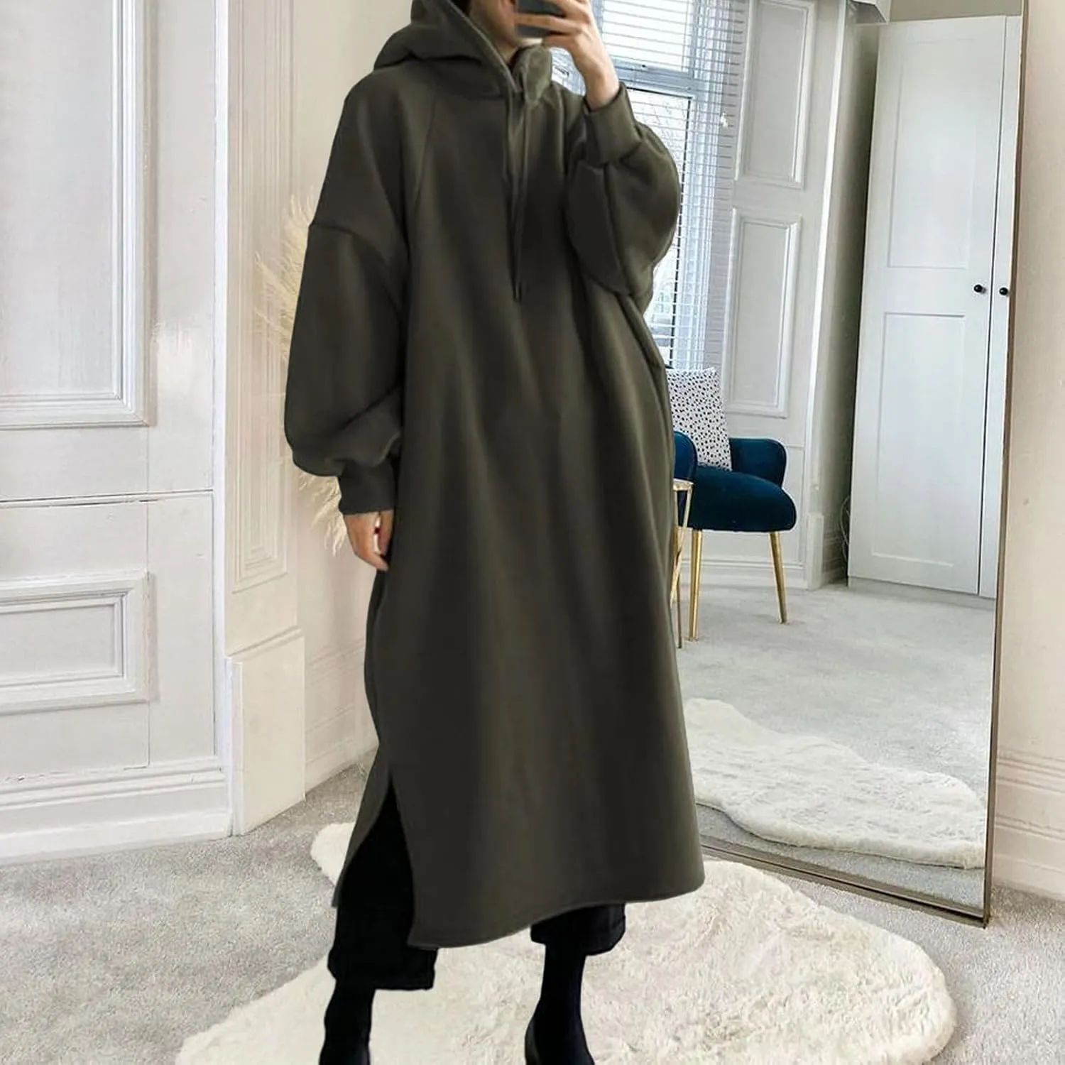 Pullover Hoodie for Women Baggy Loose Long Sleeve Hooded Sweatshirt Maxi Dress Casual Fall Sweatshirt Dress