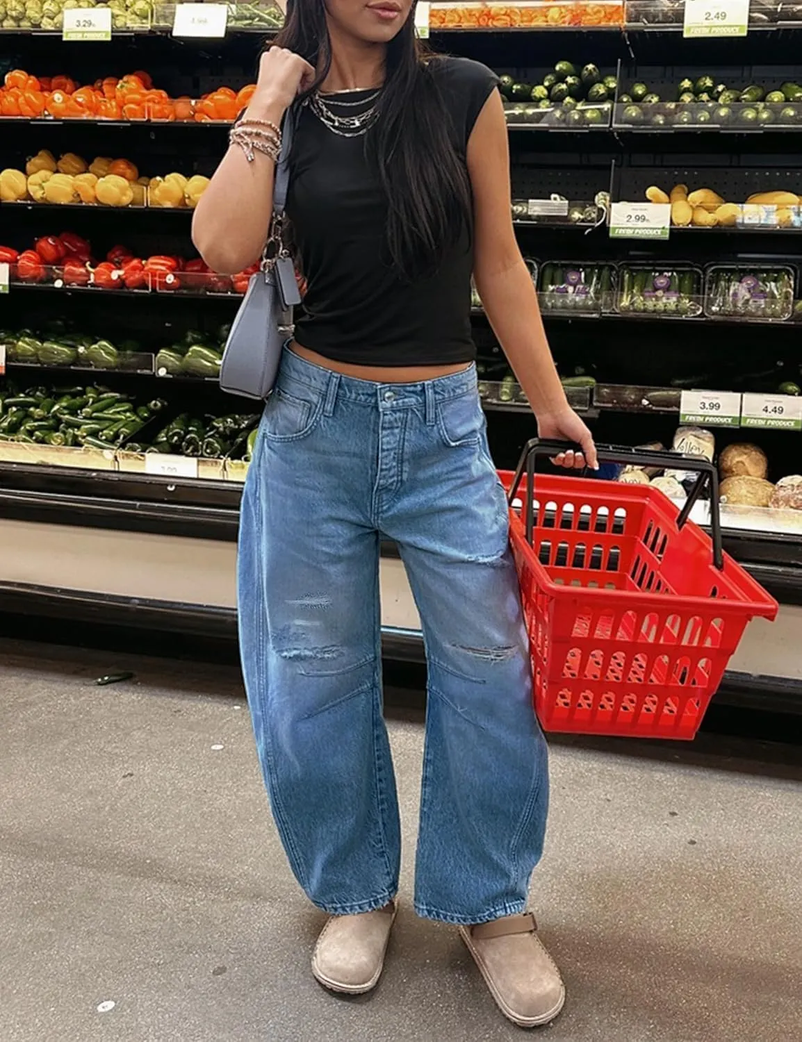 Qazel Vorrlon Womens Ripped Barrel Jeans Stretch Y2K 2025 Trendy High Waisted Baggy Boyfriend Wide Leg Denim Ankle Pants