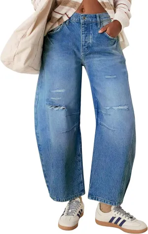 Qazel Vorrlon Womens Ripped Barrel Jeans Stretch Y2K 2025 Trendy High Waisted Baggy Boyfriend Wide Leg Denim Ankle Pants
