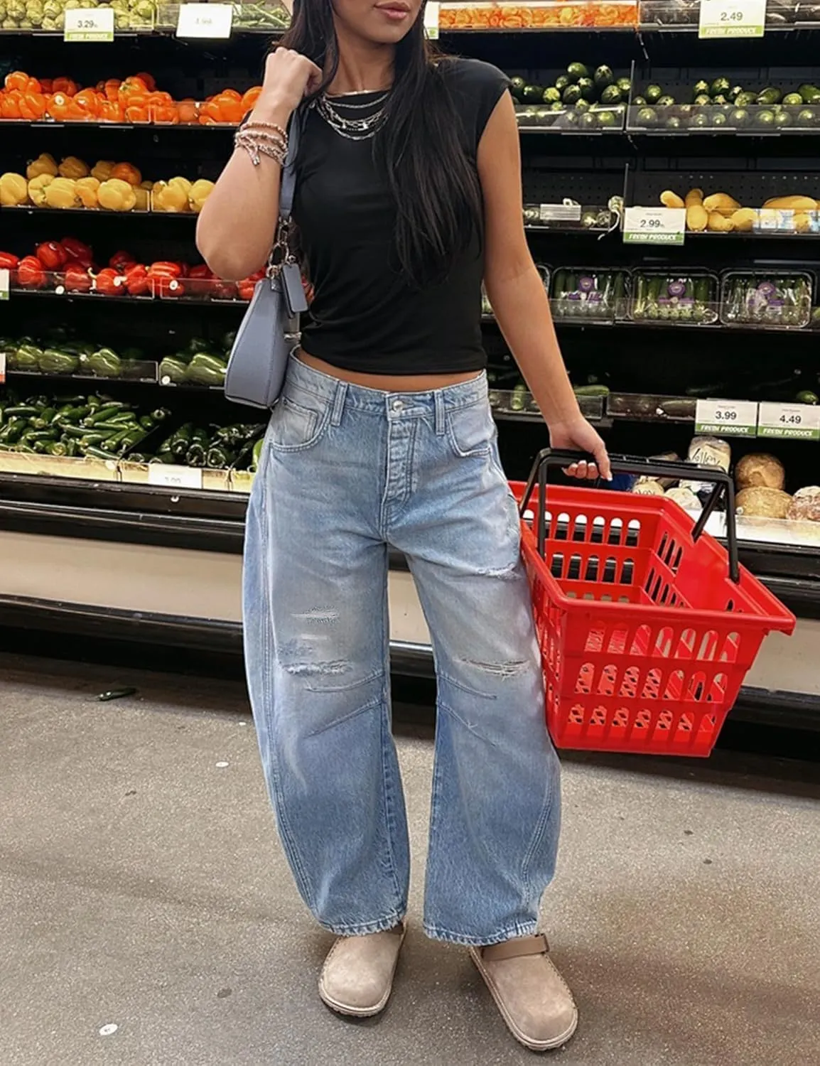 Qazel Vorrlon Womens Ripped Barrel Jeans Stretch Y2K 2025 Trendy High Waisted Baggy Boyfriend Wide Leg Denim Ankle Pants