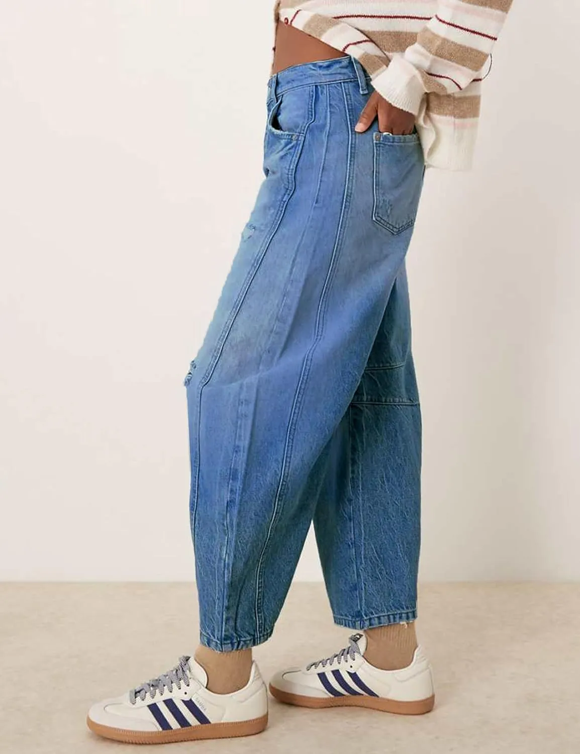 Qazel Vorrlon Womens Ripped Barrel Jeans Stretch Y2K 2025 Trendy High Waisted Baggy Boyfriend Wide Leg Denim Ankle Pants