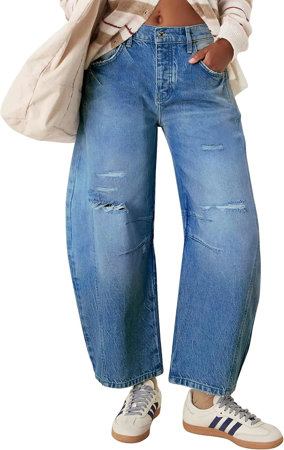 Qazel Vorrlon Womens Ripped Barrel Jeans Stretch Y2K 2025 Trendy High Waisted Baggy Boyfriend Wide Leg Denim Ankle Pants