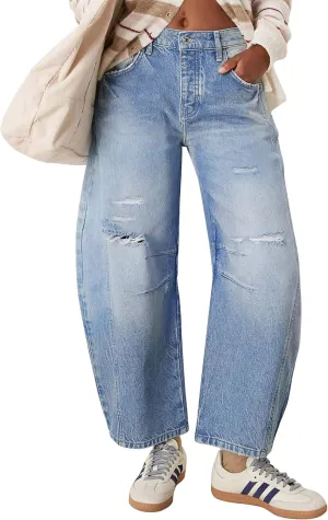 Qazel Vorrlon Womens Ripped Barrel Jeans Stretch Y2K 2025 Trendy High Waisted Baggy Boyfriend Wide Leg Denim Ankle Pants