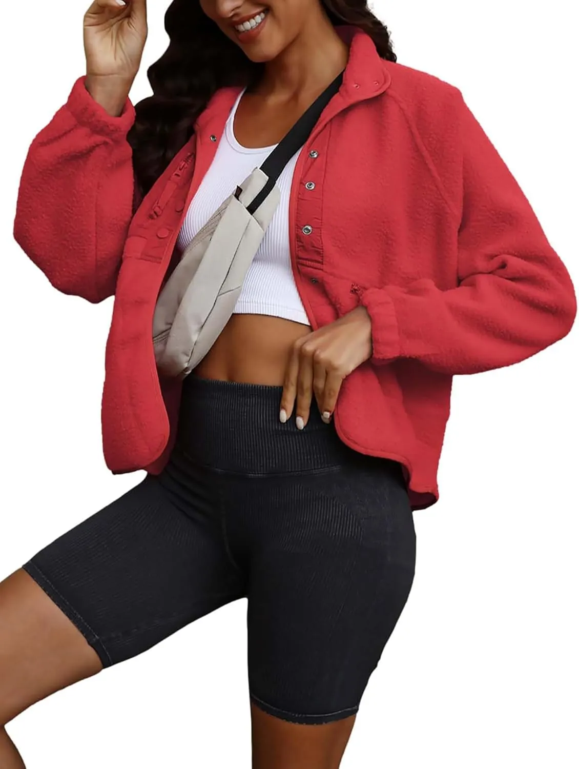 ReachMe Womens Sherpa Jacket Casual Lapel Button Down Cropped Fuzzy Fleece Jackets Long Sleeve Winter Coats with Pockets