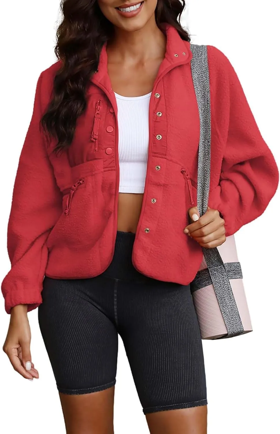 ReachMe Womens Sherpa Jacket Casual Lapel Button Down Cropped Fuzzy Fleece Jackets Long Sleeve Winter Coats with Pockets