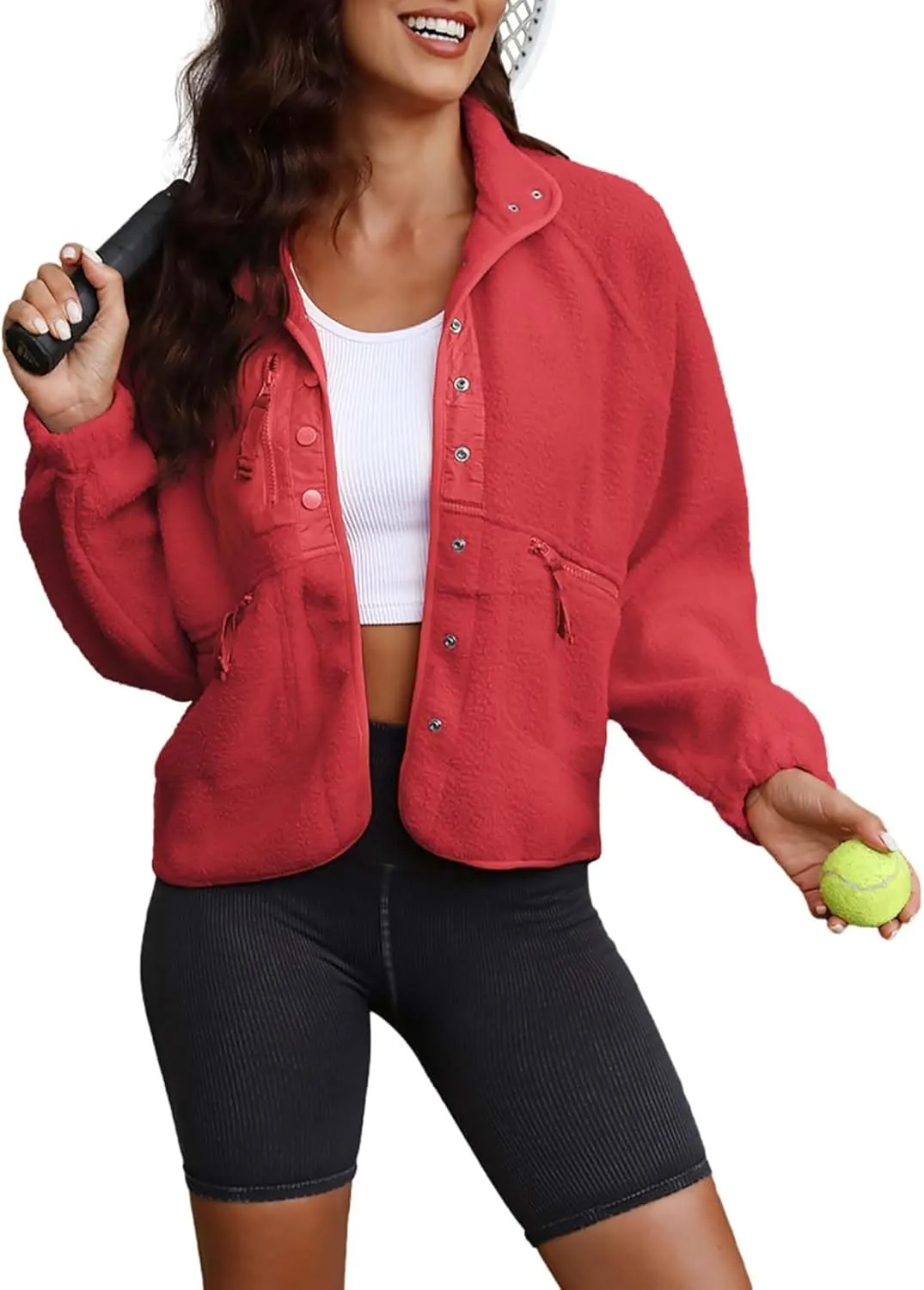 ReachMe Womens Sherpa Jacket Casual Lapel Button Down Cropped Fuzzy Fleece Jackets Long Sleeve Winter Coats with Pockets
