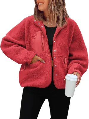 ReachMe Womens Sherpa Jacket Casual Lapel Button Down Cropped Fuzzy Fleece Jackets Long Sleeve Winter Coats with Pockets
