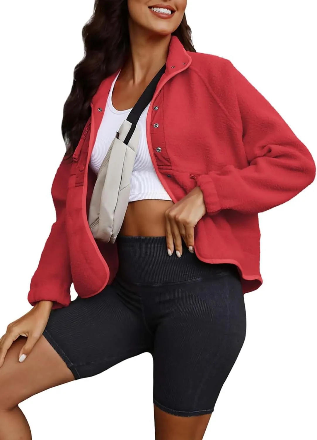 ReachMe Womens Sherpa Jacket Casual Lapel Button Down Cropped Fuzzy Fleece Jackets Long Sleeve Winter Coats with Pockets