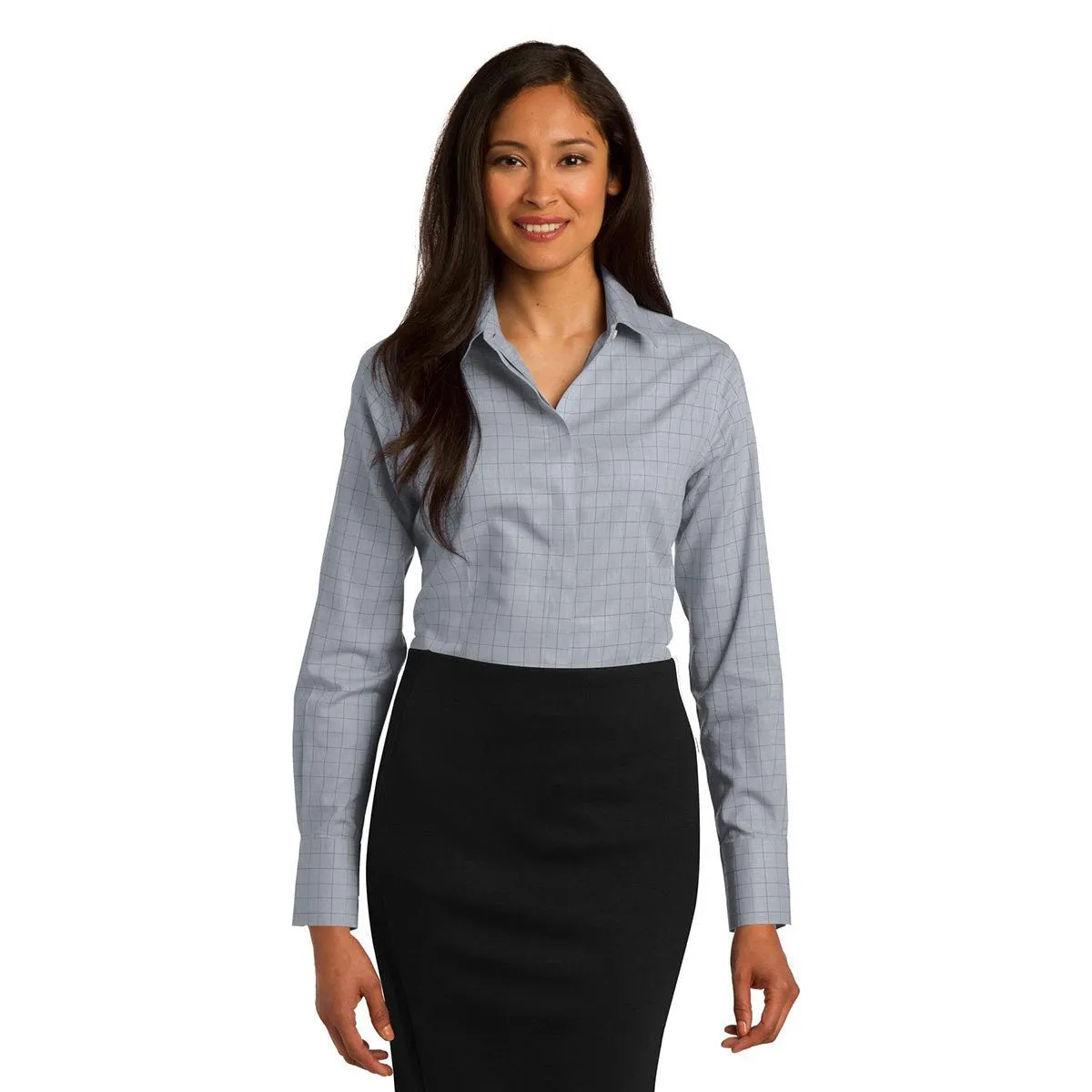 Red House Women's Dove Grey Windowpane Plaid Non-Iron Shirt