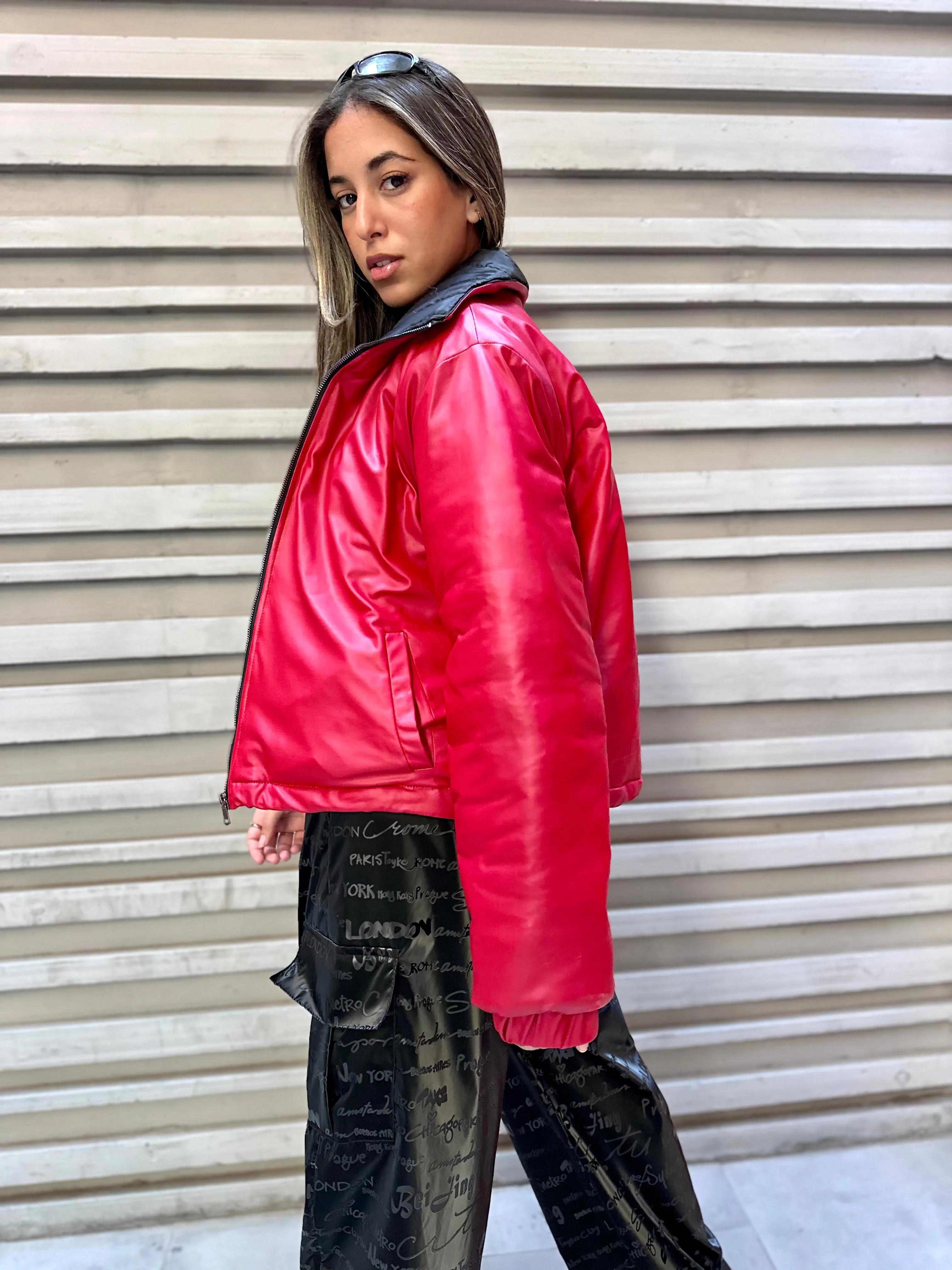 Red Leather Puffer Jacket