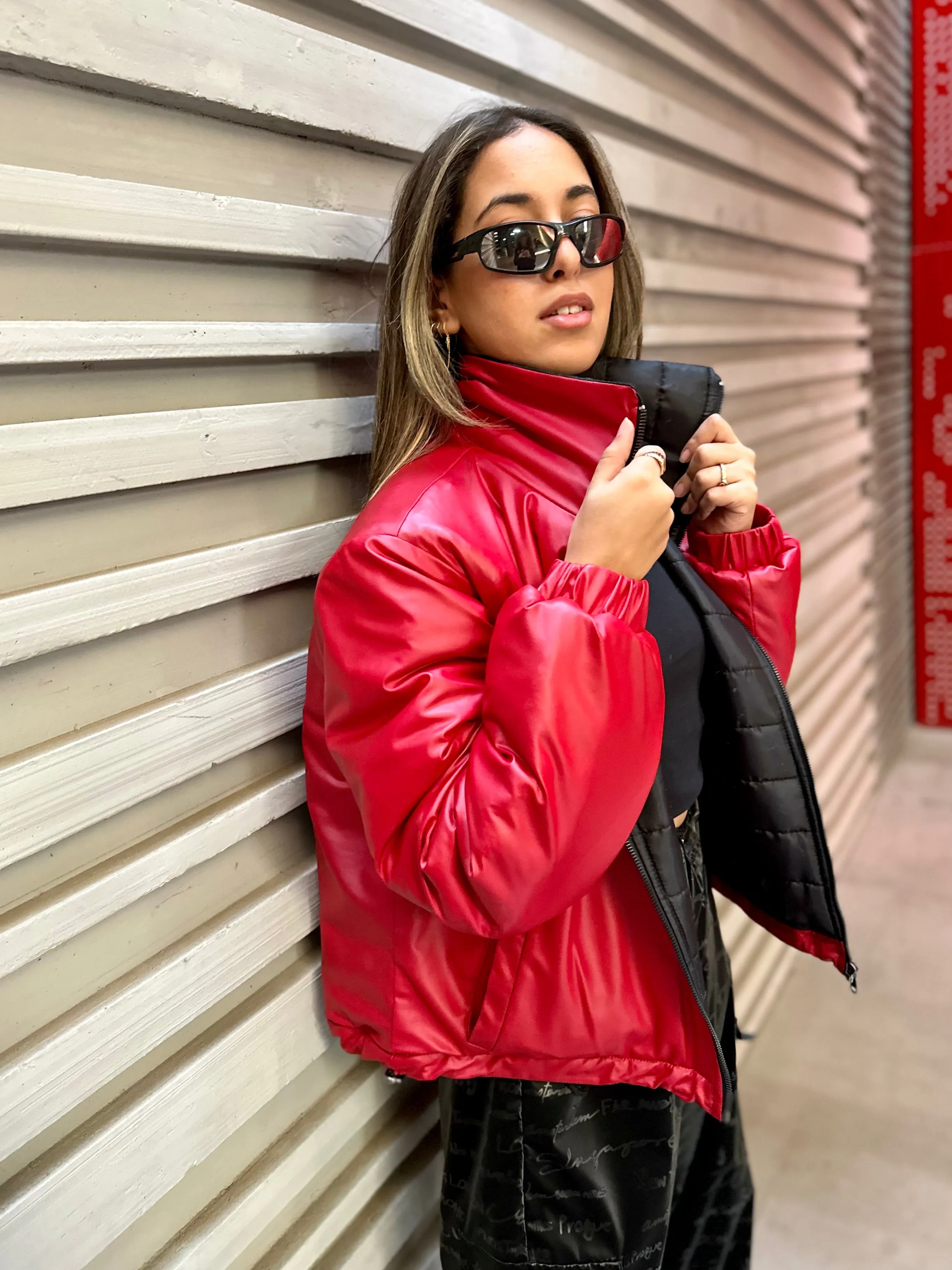 Red Leather Puffer Jacket