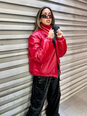 Red Leather Puffer Jacket