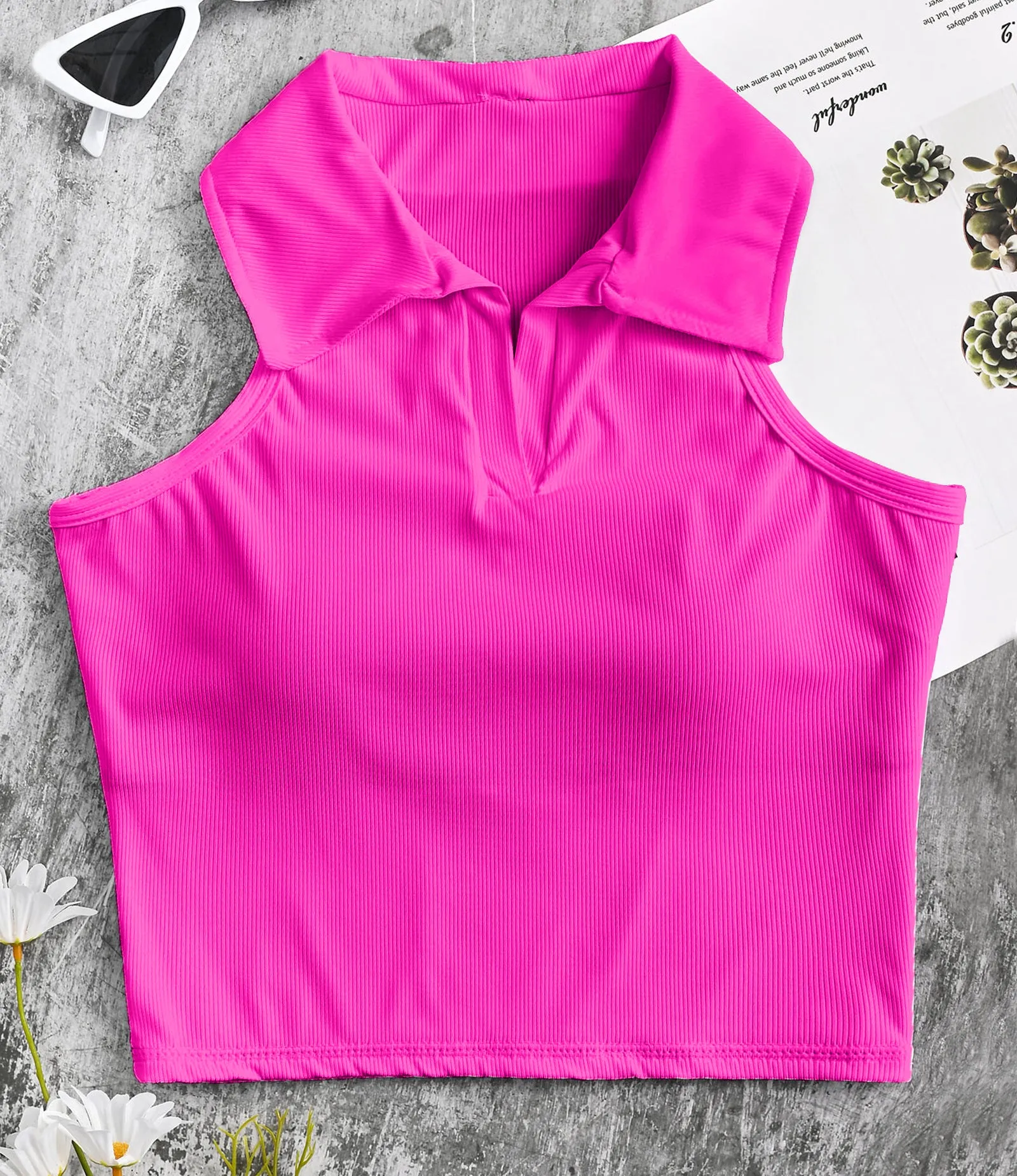 Ribbed Workout Crop Top Collar Shirts